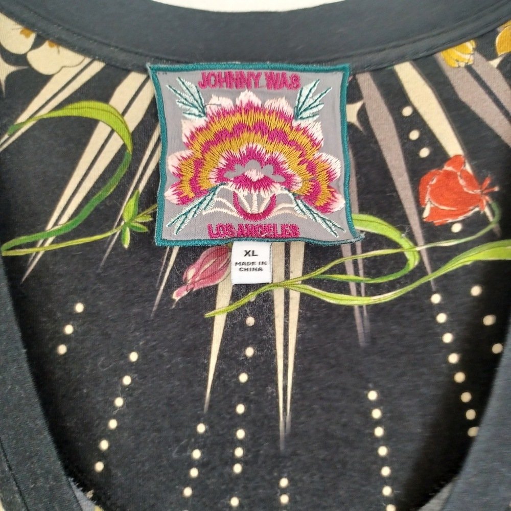 Johnny Was XL Celestial Astrological Bamboo V-Neck Top Charcoal Black Sun Moon - Picture 4 of 8